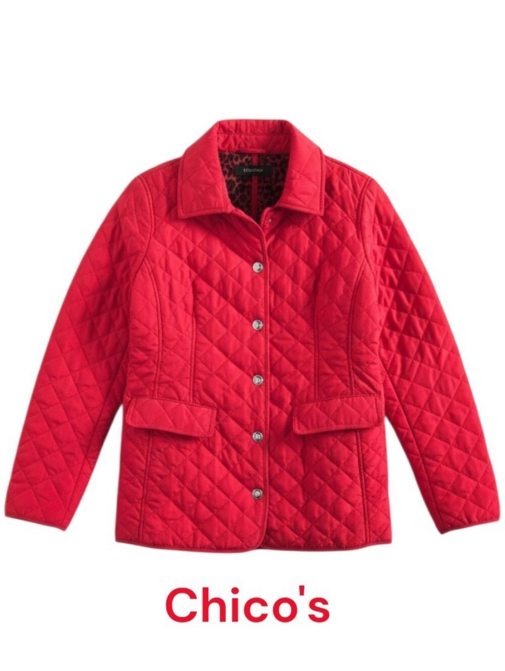 Chico's Red Quilted Jacket Leopard Print Lining Snap Front